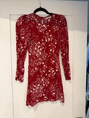 Reformation Red Floral Long Sleeve Mini Dress with White Accents
